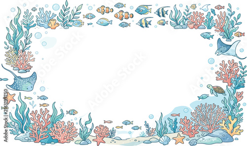 Underwater Coral Reef Border Frame Featuring Cute Cartoon Marine Life Tropical Fish Sea Turtles Manta Rays and Aquatic Foliage Vector Design Template