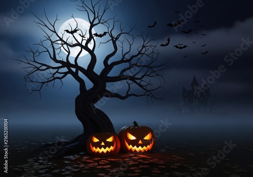 Hauntingly lit jack-o'-lanterns under a mysterious moonlit tree