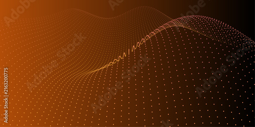 Abstract digital landscape with flowing particles, 3d wave background, futuristic data visualization, glowing dots forming a terrain surface, technology concept with orange gradient lighting