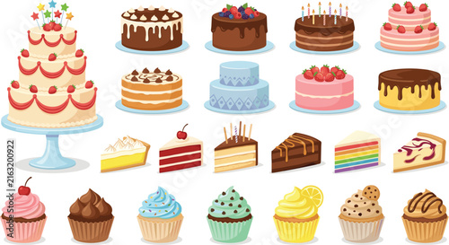 Sweet Cakes and Desserts Set with Tiered Birthday Cake Slices Cupcakes Berries and Chocolate Vector IllustrationSweet Cakes and Desserts Set with Tiered Birthday Cake Slices Cupcakes Berries and Choco