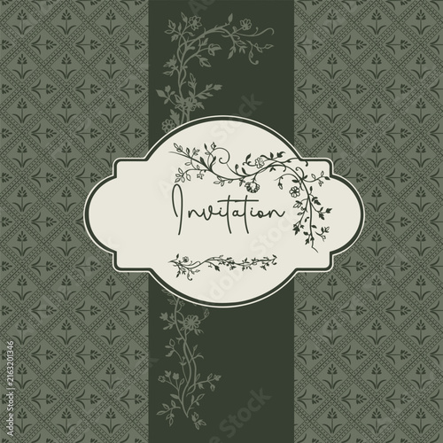 Elegant vintage victorian style invitation card with classic ornament in green colors
