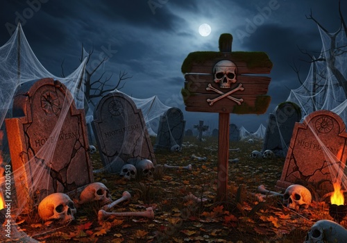 Haunting graveyard scene with eerie atmosphere and halloween decorations