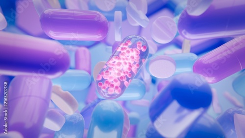 Flying pills and capsules in motion on blue background, pharmaceutical concept. 3d render