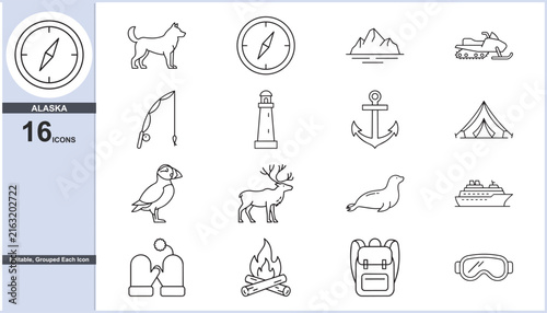 Alaska travel line icons set, 16 northern wilderness vector symbols, arctic adventure and nature exploration graphics ,Clean grouped each vector icon.