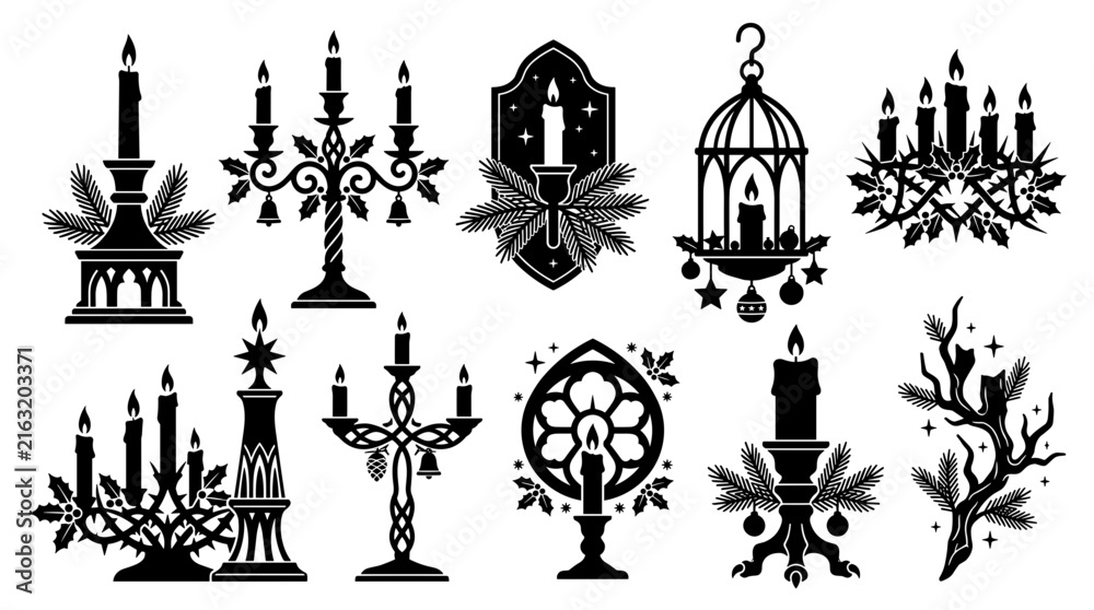 Naklejka premium Gothic Candle Holders and Ornaments Isolated Vector Illustrations