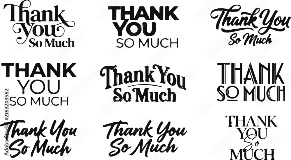 Fototapeta premium Collection of various thank you so much hand lettering designs for cards and creative graphic projects