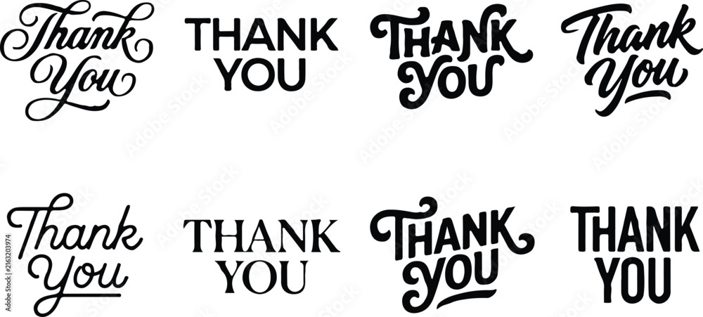 Obraz premium Collection of various thank you text designs in different calligraphy and typography styles for cards and labels