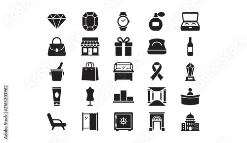 Luxury jewelry and high end shopping icon set with shopping boutique mannequin