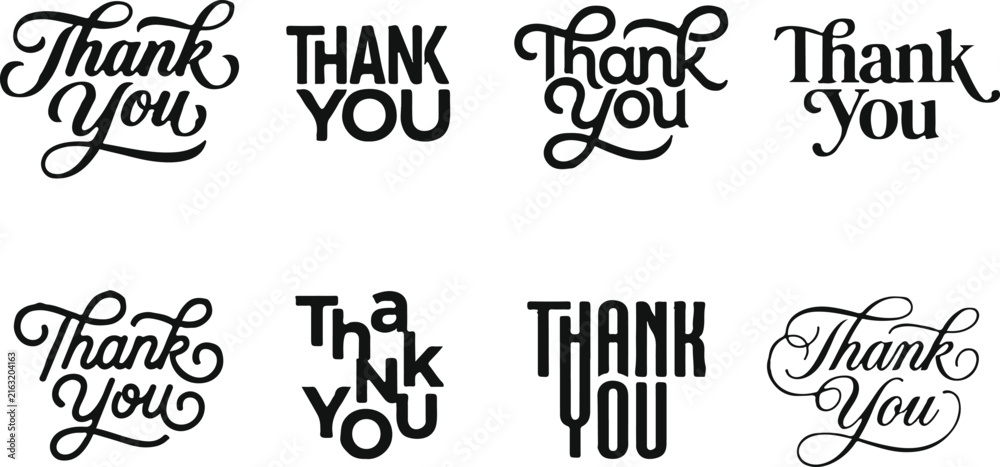 Obraz premium Collection of eight different hand drawn thank you lettering designs for cards and social media posts