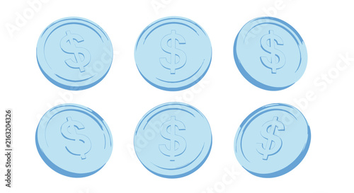 Blue dollar coins with embossed symbols 3d rendering on white background