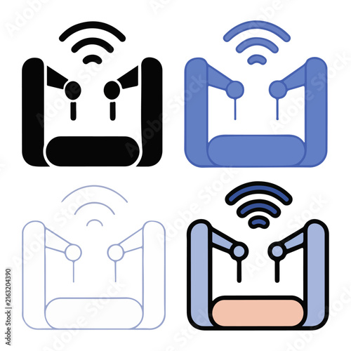 Set of smart connected bed frames with wireless signal icons representing modern home automation technology