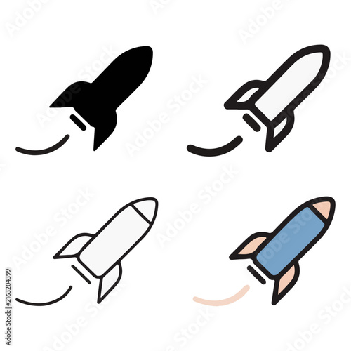 Set of stylized rocket launch illustrations with motion lines showing different launch stages isolated on transparent background