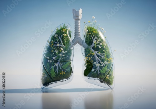 Human lungs made of glass filled with flowers and plants