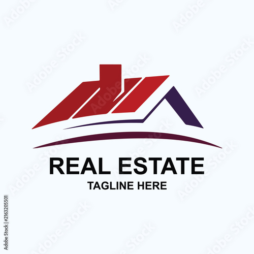 Modern Company Business Logo Design with Vector House Icon, Arrow Symbol, Construction Concept, Internet Web Button and Professional Corporate Branding Illustration
