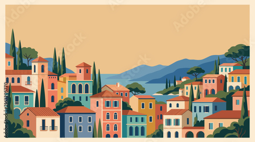 Mediterranean Coastal Town Landscape Vector Illustration
