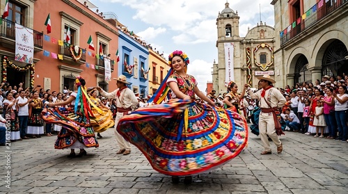Performers in colorful traditional costumes dancing in a sunny town square with spectators