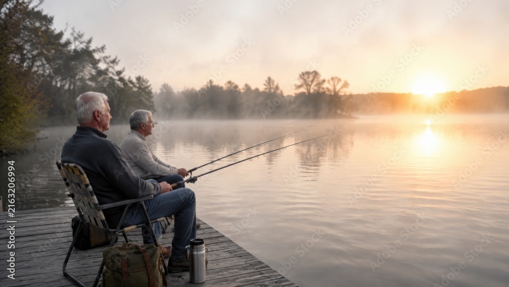 Fototapeta premium Two senior men fishing on a wooden dock at sunrise, with mist rising from the calm lake and trees lining the shore in the background