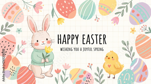 Happy Easter Greeting Card with Cute Bunny and Painted Eggs