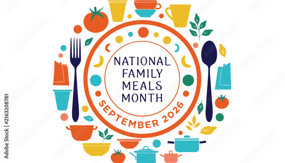 Naklejka premium National family meals month graphic design with colorful kitchen utensils icons