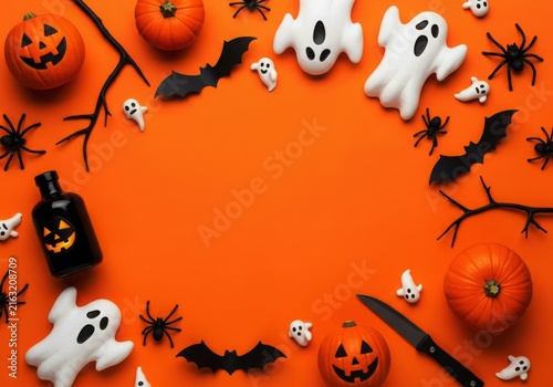 Halloween-themed decorative items arranged in a festive orange circular pattern.