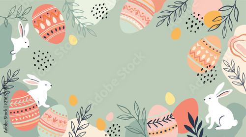 Easter Holiday Bunny and Decorated Eggs Vector Banner