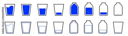 Water in a glass cup. Water in bottle. Amount of water.