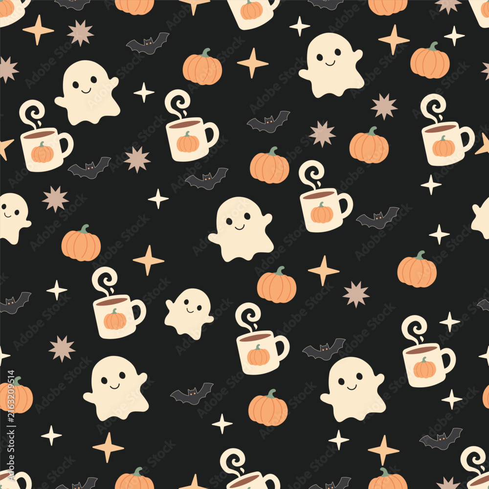 Fototapeta premium Halloween seamless pattern with spooky icons on black background for festive designs and decorations