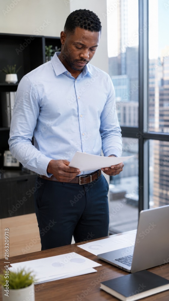 Fototapeta premium African American businessman in a light blue shirt reviewing documents while standing at a desk with a laptop and city skyline visible through the window