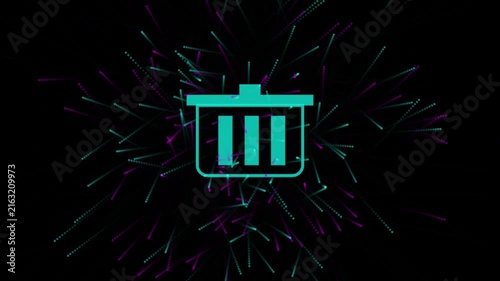 Animated Neon Cyan Trash Can Icon Motion Graphics, Glowing Particles Explosion Delete Bin Concept on Black Background