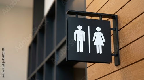 A modern public restroom sign with male and female icons on a dark background.