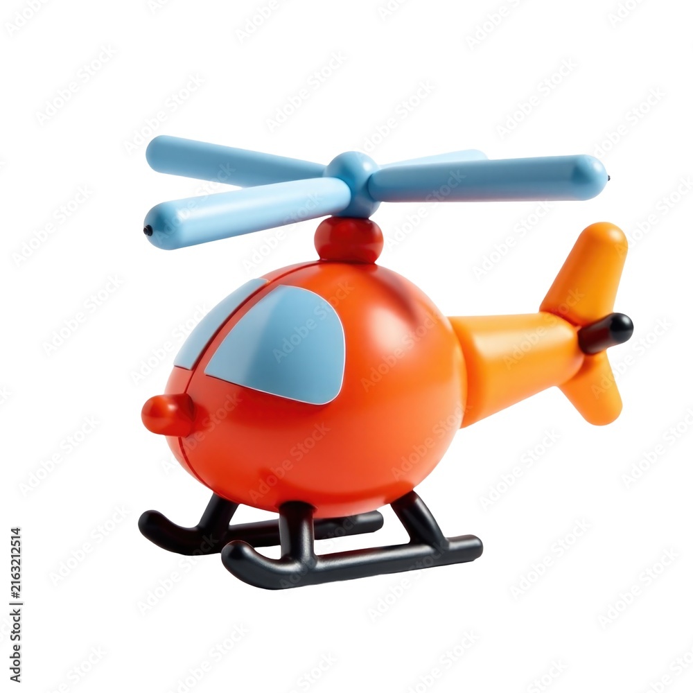 Obraz premium A toy helicopter with spinning propeller on a white background, ideal for use in illustrations or designs about children's toys, hobbies, or technology