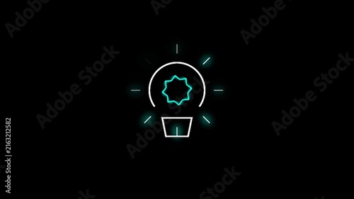 Abstract Neon Light Bulb Motion Graphics, Animated Glowing Idea Icon with Spinning Gear on Black Background
