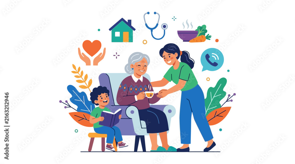 Fototapeta premium Flat Vector Illustration of Home Care for Elderly People