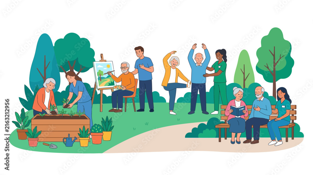 Fototapeta premium Diverse Seniors Participating in Outdoor Assisted Living Activities Illustration