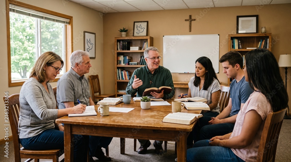 Fototapeta premium Diverse group of people studying the bible together in a classroom setting with a teacher leading the discussion
