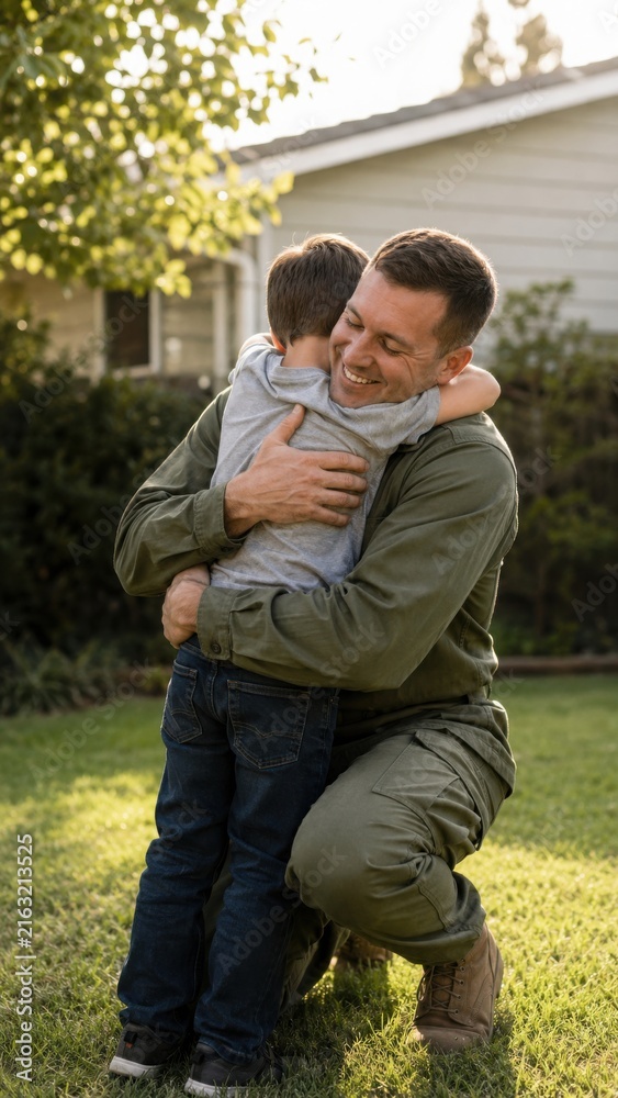 Fototapeta premium Military man in olive green uniform kneeling on grass embraces young boy wearing gray shirt and blue jeans in a backyard with trees and house visible in the background