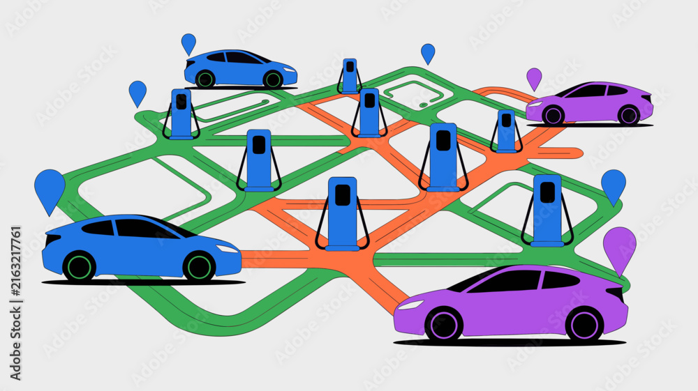 Naklejka premium Electric vehicle charging station network map, EV smart city infrastructure vector, eco friendly transport navigation system