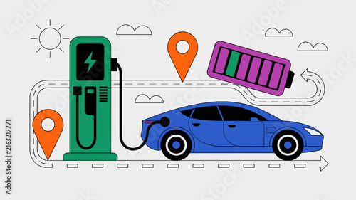 Electric vehicle charging station vector illustration, blue EV car plugged into green charger, battery power and navigation map pins