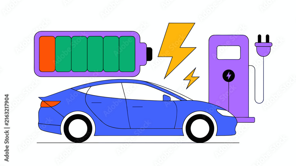 Naklejka premium Electric car charging concept vector, blue EV sedan with battery life indicator, purple charging station with lightning bolt icon