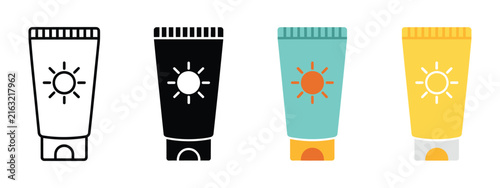Sunscreen tube icon set featuring outline glyph and colorful styles for summer skincare sun protection and beach care vector illustration