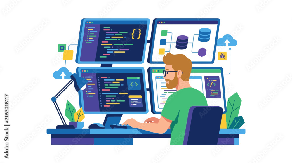 Fototapeta premium Software Developer Working on Multiple Computer Screens Illustration