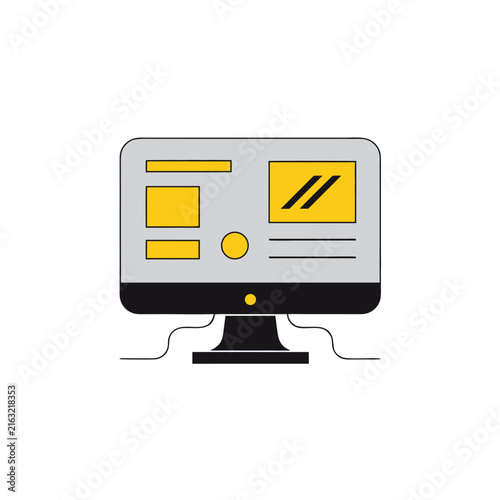 Minimalist computer monitor design with bold yellow accents. Simple flat style shows desktop interface elements clearly. White background enhances focus on the monitor's clean lines