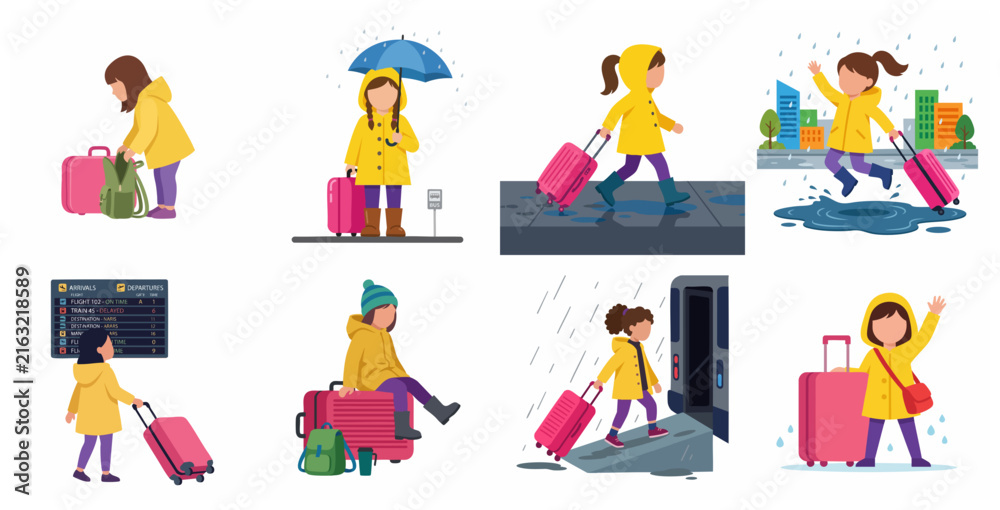 Fototapeta premium Set of illustrations of a little girl in a yellow raincoat traveling with a pink suitcase in rainy weather