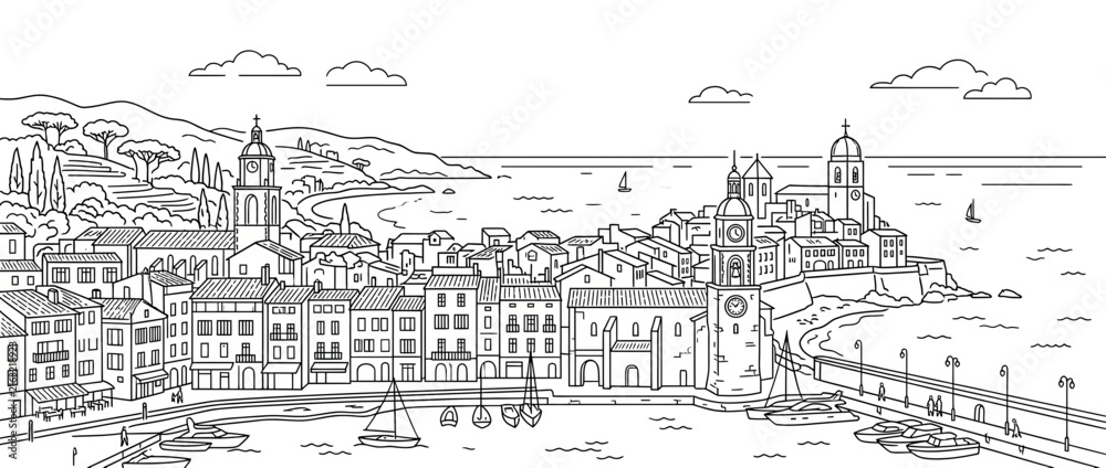 Fototapeta premium Coastal Town Line Art Illustration