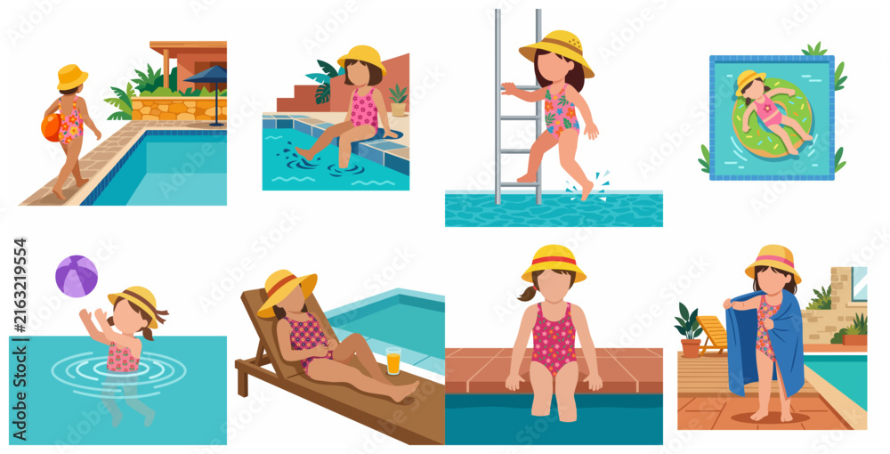 Fototapeta premium Little Girl Enjoying Summer Vacation at Swimming Pool Flat Vector Illustration Set