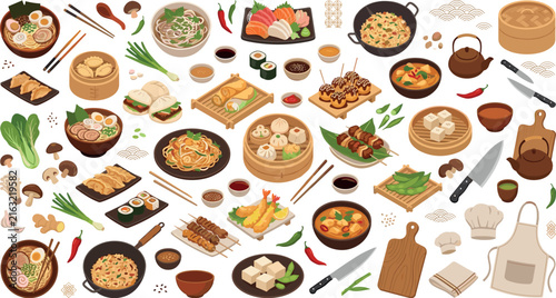 Traditional Asian food vector seamless pattern background with ramen, sushi, dim sum, ingredients, and kitchen elements