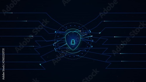 Abstract Cyber Security Shield Motion Graphics, Animated Glowing Lock Icon and Circuit Board Data Lines Loop on Dark Background