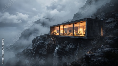 Modern concrete house perched on a misty cliffside overlooking the ocean with a small waterfall