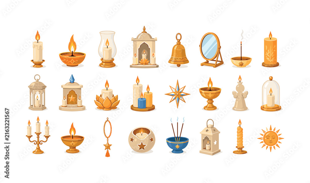 Fototapeta premium Collection of decorative candles, lanterns, and spiritual objects