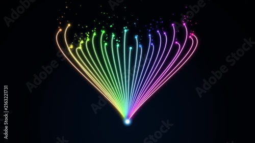 Abstract Rainbow Neon Light Trails Motion Graphics, Animated Glowing Particle Fountain Loop on Black Background